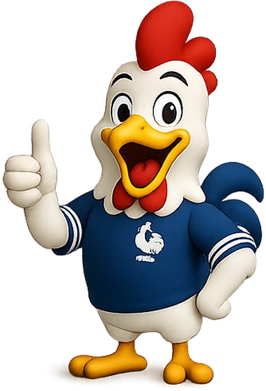 Le coq mascotte de Le Pare-Brise Français, pouce levé