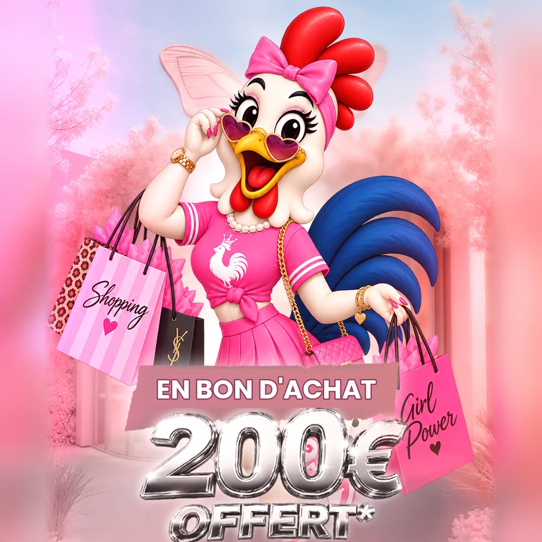 La poule du Pare-Brise Français, sacs de shopping à la main : bon d’achat de 200 € offert
