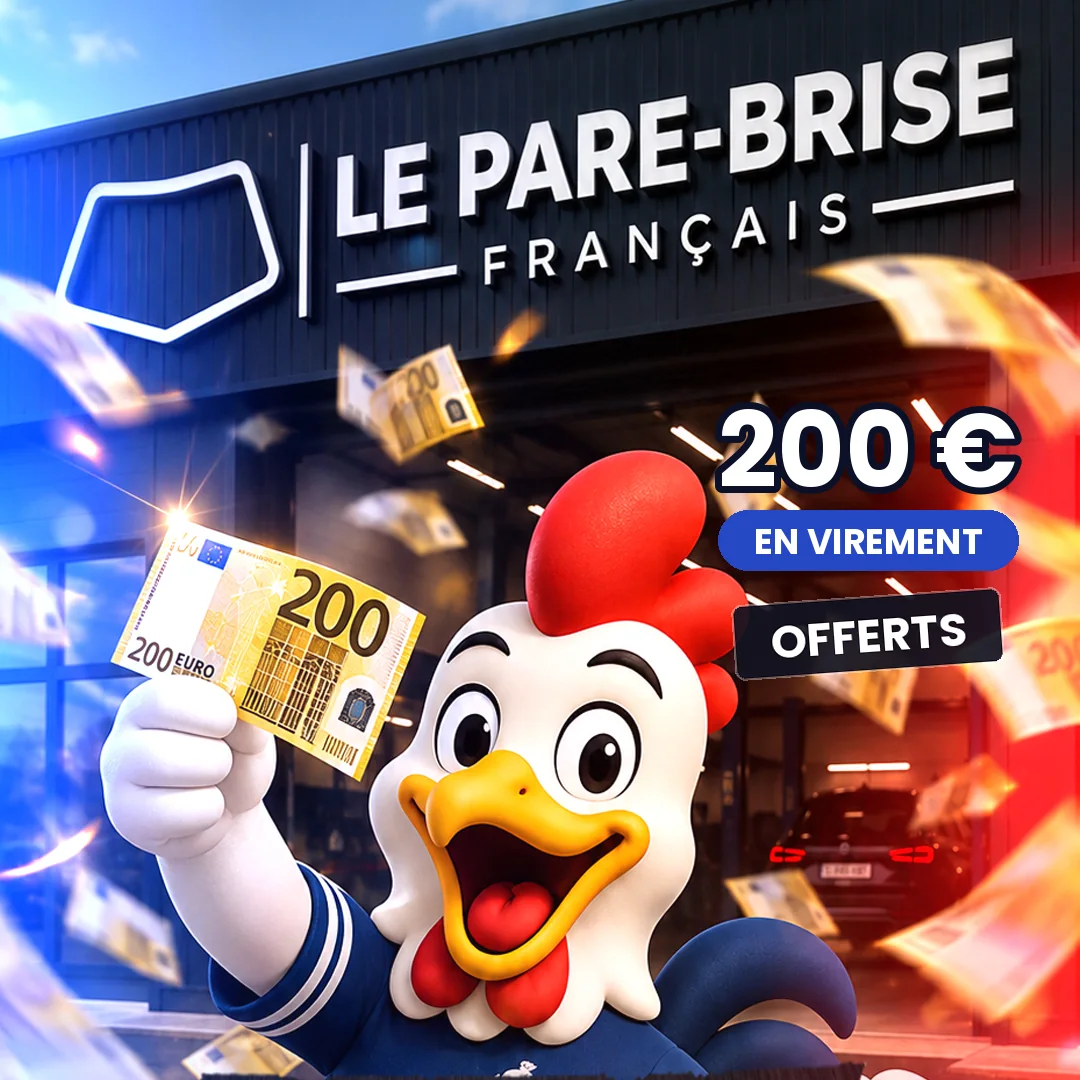 Le coq du Pare-Brise Français brandit un billet de 200 € devant l’atelier : 200 € en virement offerts